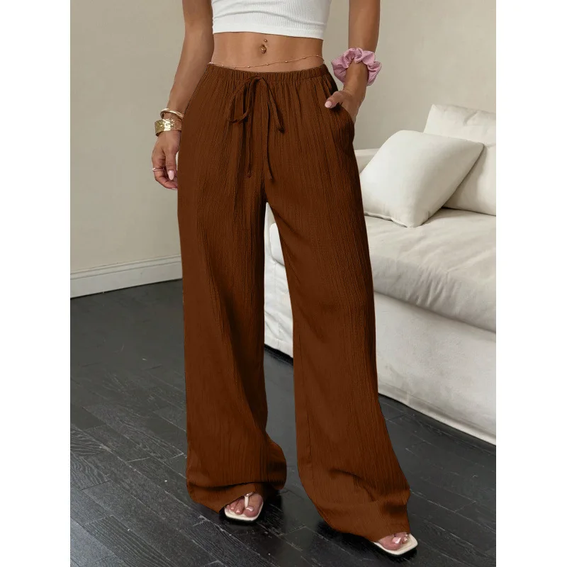 Women Crinkle Textured Wide Leg Pants Elastic Drawstring High Waist Casual Trousers With Side Pockets