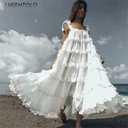 Long Dress Women Bohemian Cake Layer Big Swing Solid Sleeveless Ruffles Spaghetti Strap Strapless Womens Dresses Lugentolo