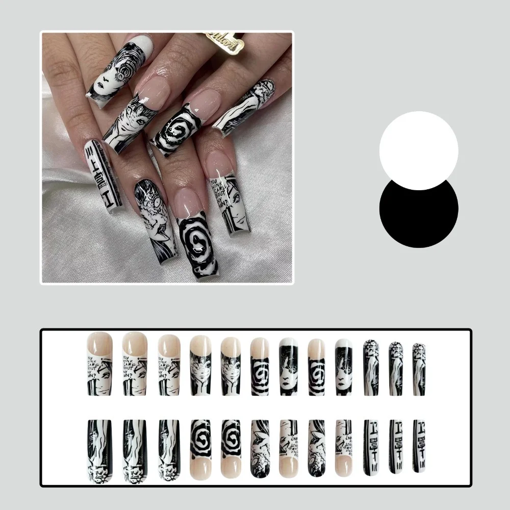 Long Manga Printing Fake Nails Coffin Tips Y2k Faux Ongles Acrylic Manicure False Nail Supplies