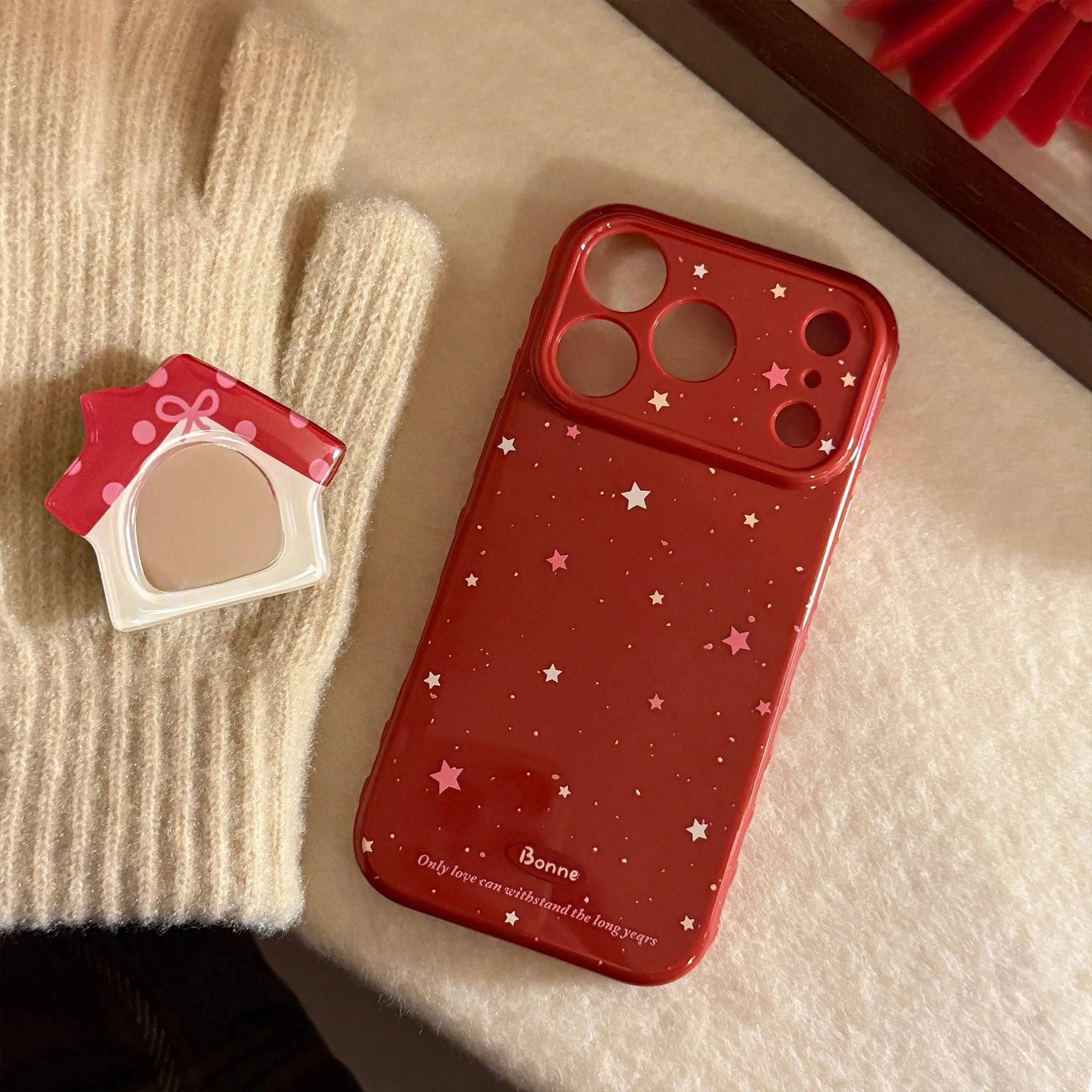 Koreanische Bunte Sterne mit Rotem Haus Schminkspiegel-Halterung Handyhülle für iPhone 17 16 15 14 13 12 Pro Max Stoßfeste Weiche Hülle