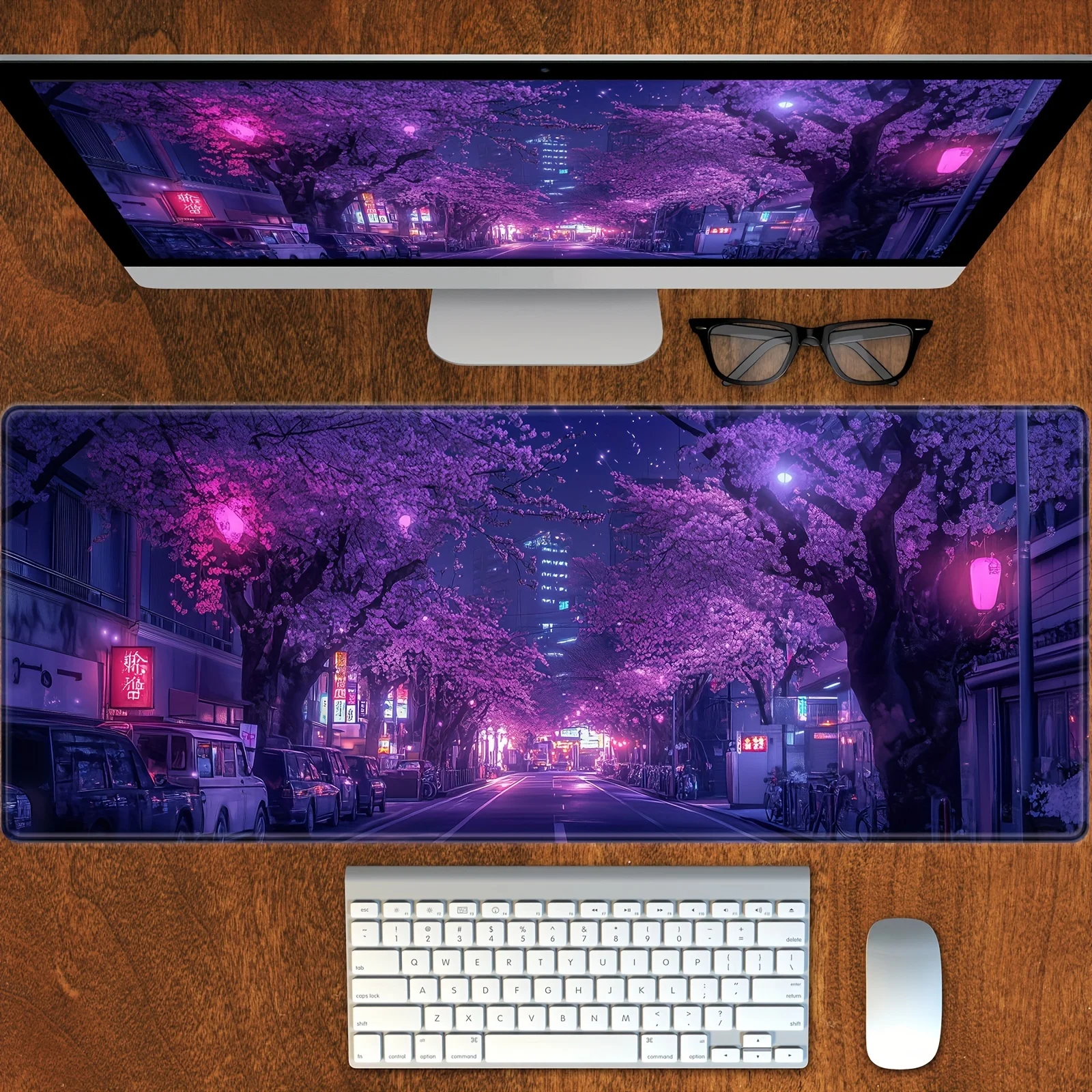

Japanese Street Purple Cherry Blossom Gaming Mouse Pad, Natural Rubber, Stitched Edges, Suitable for Home Office Work
