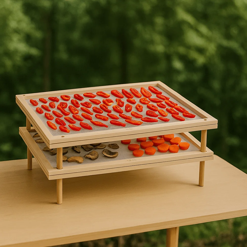 

Wooden 2-Tier Food-Dryer Holder Stackable Detachable Mesh Food Dryer Holder Anti Skid Legs Air Circulation