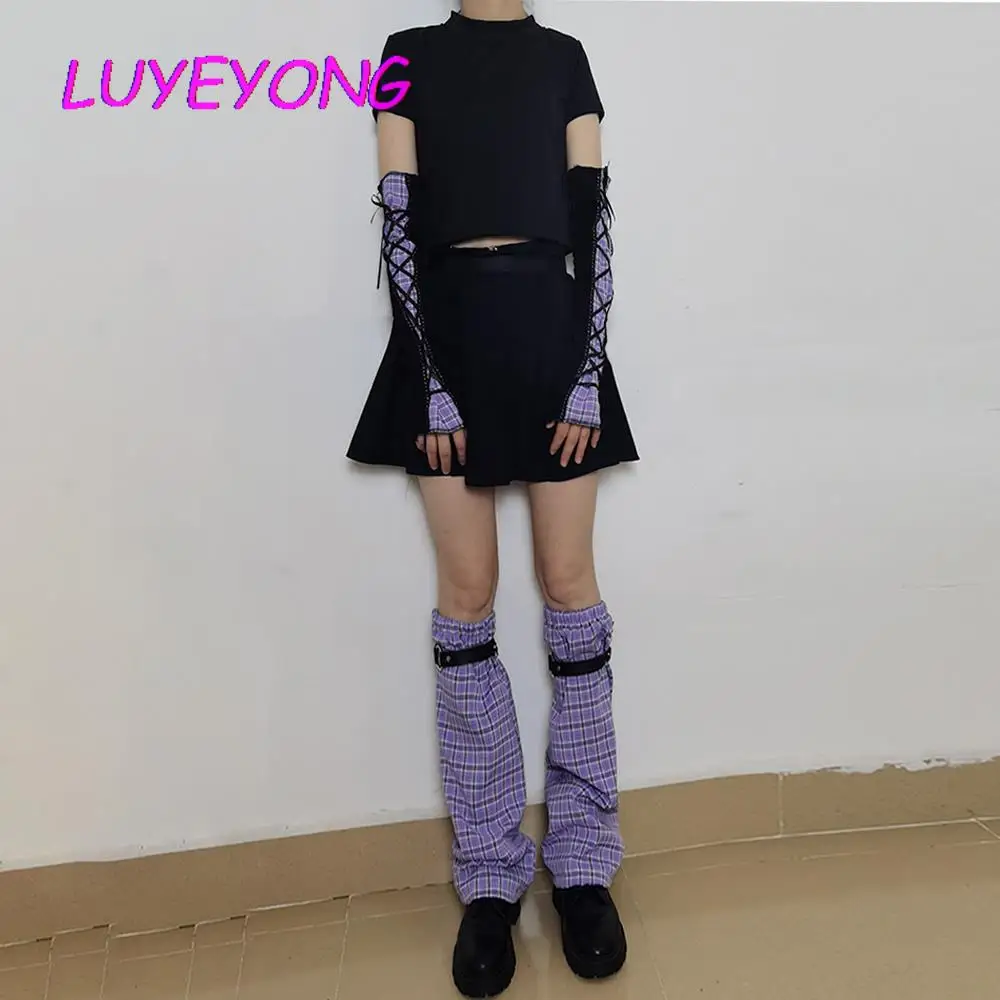 Wholesale Lolita Girl Plaid Spliced Oversleeve Are Warmers Jk Student Ribbon Lace-up Cosplay Mittens Elbow Length Gothic Gloves