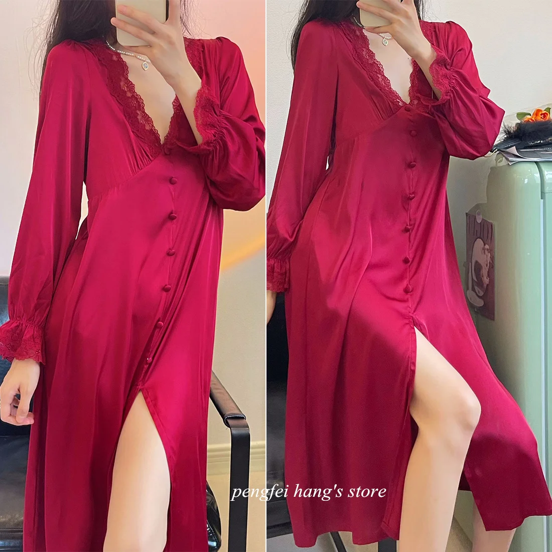 Long Sleeve Lace Sleepwea Silk Satin Nightgown Lady Elegant Homewear Fairy Princess Style Nightwear V-Neck Nightdress Loungewear