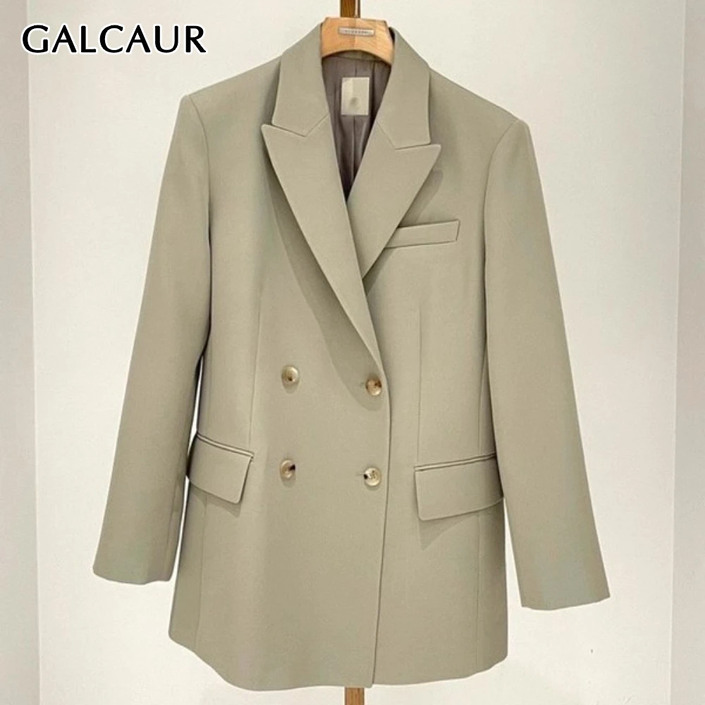 

GALCAUR Solid Spliced Double Breasted Jacket Female Lapel Long Sleeve Loose Office Lady Women's Jackets Autumn Style Fashion New