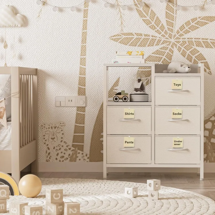 Furnulem 5 درج خزائن بيضاء لغرفة النوم 2 الطبقة الرف تخزين خزانة قماش صغيرة لإطار معدني قوي الحديث Sty