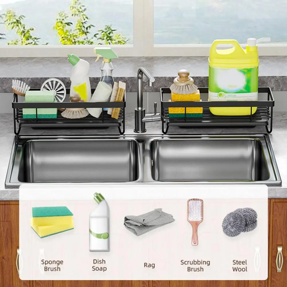 22*11cm Sink Storage Rack Quick Drainage With Detachable Water Catcher Tray Carbon Steel Kitchen Drain Sink Dish Organizer Shelf