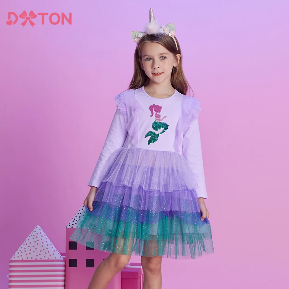

DXTON/2024 г. Платья для девочек; Зимние детские костюмы для дня рождения и вечерние; Платье-пачка принцессы с блестками и русалочкой; Сетчатое платье в стиле пэчворк для малышей