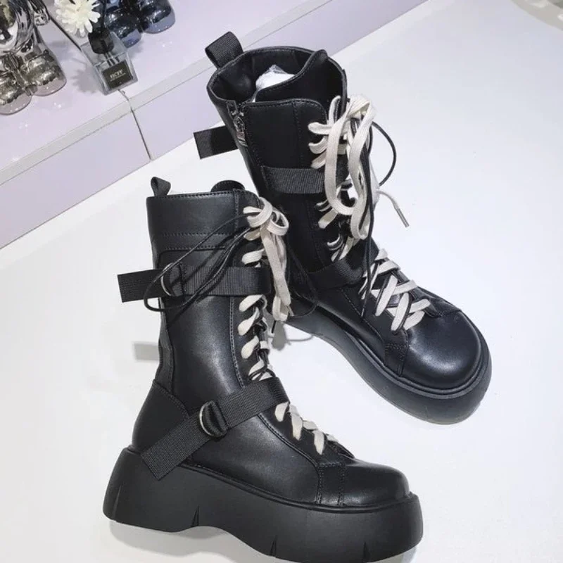 Botas Punk de suela gruesa con hebilla de Metal para mujer, zapatos hasta la rodilla góticos, con cuña, para Cosplay, 2024