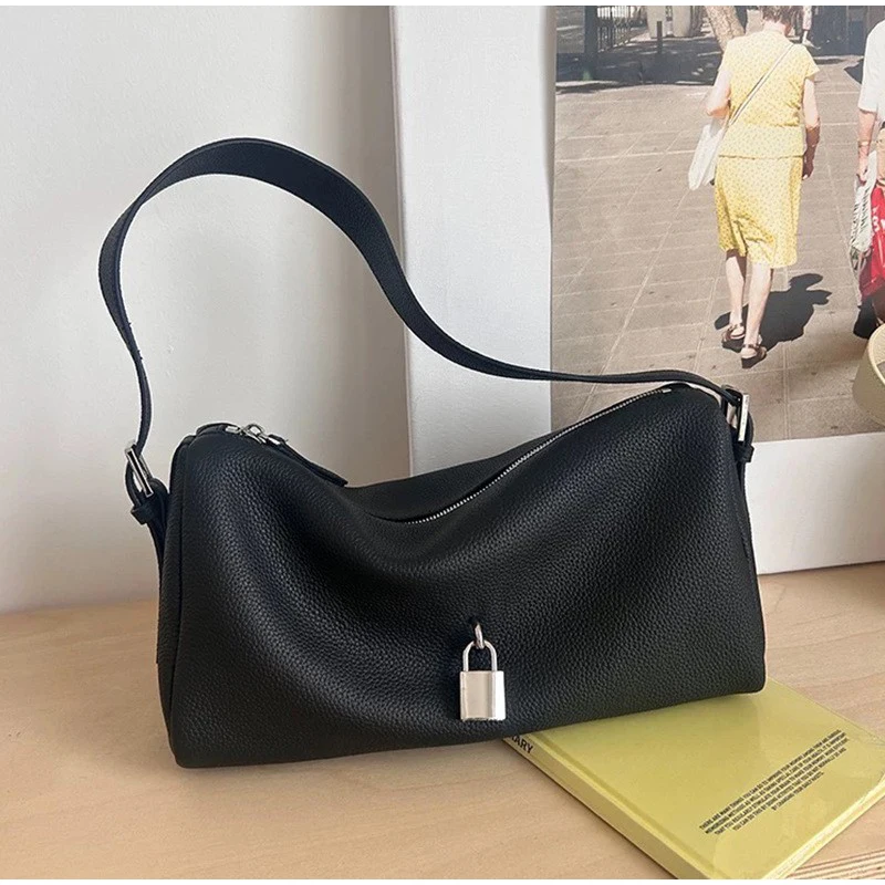 

Genuine Leather Lock Design Handbag Brand Lychee Pattern Luxury Designer Soft Cowhide Simple Large Capacity Shoulde Underarm Bag
