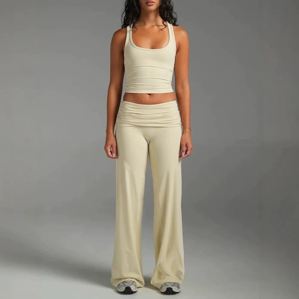 Daily Low Rise Wide Leg Pants Solid Color Stretchy Yoga Pants Striped Flare Fold Over Pants For Women