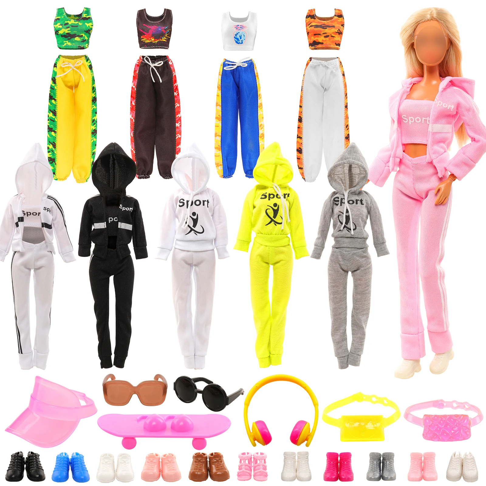 Barwa 16 Pcs Doll Clothes and Accessories Multiple Styles Sports Suit Tops Pants Sun Hat Pocket Scooter Sunglasses Headset