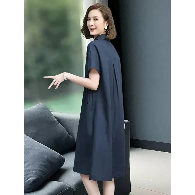 Letnie sukienki vintage dla kobiet 2024 New Casual Loose Cotton Polo Collar Short Sleeve Office Lady Pleated Dresses Vestidos N633