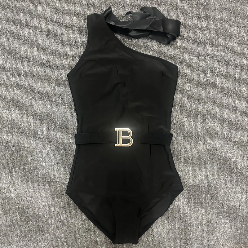 Swimwear Women New Arrivals Suspender Metal Letter Belt Sexy Black Slim Bodysuits Women One-pieces Swimsuit Monokini