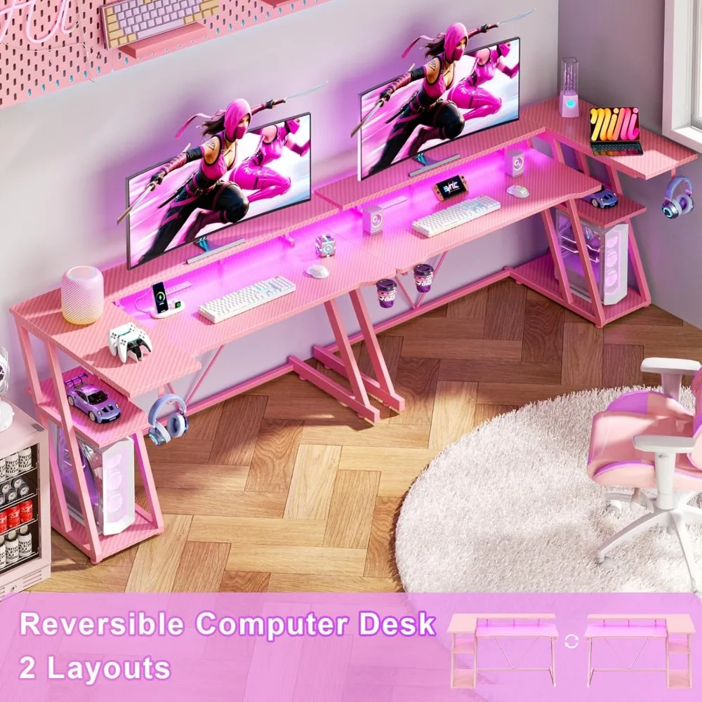 L-Shaped Pink Gaming Desk with 55 Inch LED-lit Corner Computer Desk and 3-Tier Storage Shelves