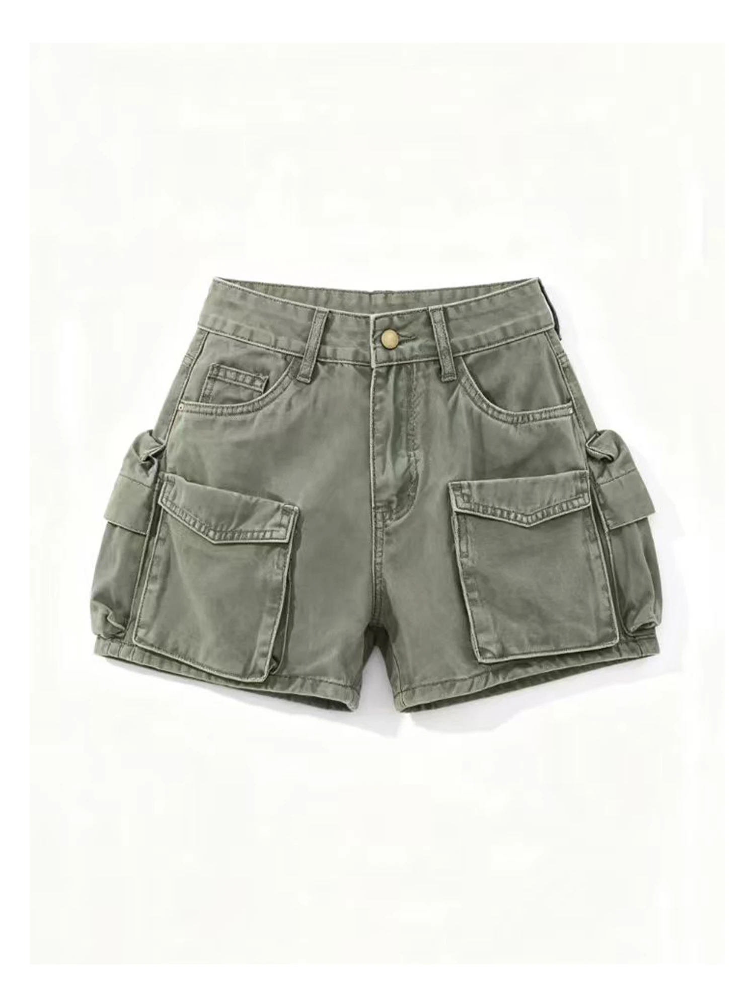 Women's Army Green Pocket Cargo Denim Shorts American Retro Y2k Gyaru Short Jeans Slim Wide Leg Hot Denim Pants for Women Summer