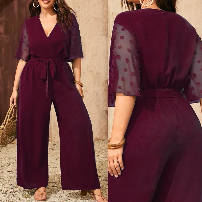 plus Size Women's V-Neck Belted Jumpsuit High Waist Nine-Piece Pants Polyester Summer Fashion Ladies One-Piece Suit