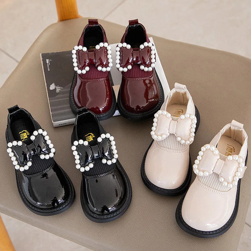 1-12 Year Kids Leather Shoes for Girls Flats Spring Pearls Bow Princess Mary Jane Shoes Baby Toddler Dance Performance Shoes