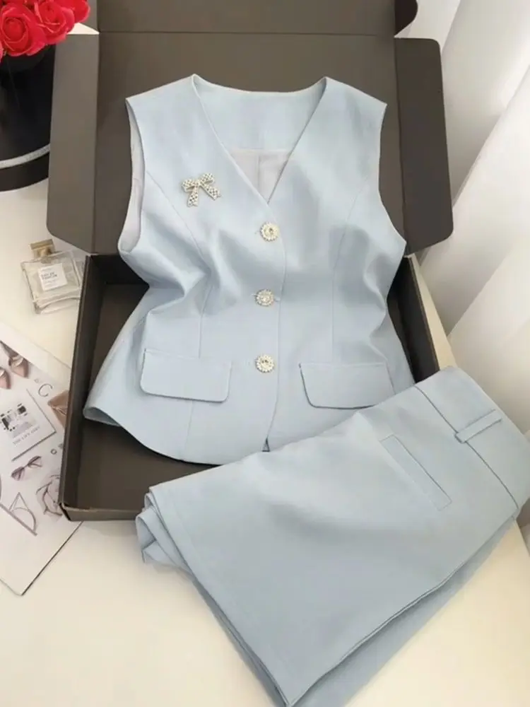 Summer High-end Fashion and Western-style Age Reducing Light Blue Vest Shorts Two-piece Set