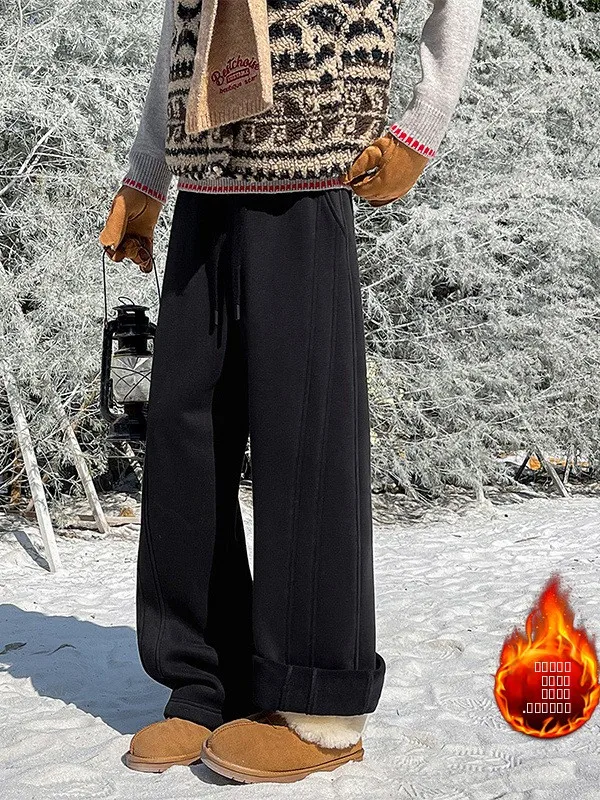 

American Sle Fce Lined Thiened Sport Pants Men Winter Loose Straight Leg Pants Boys Wide Leg Floor Length Pants