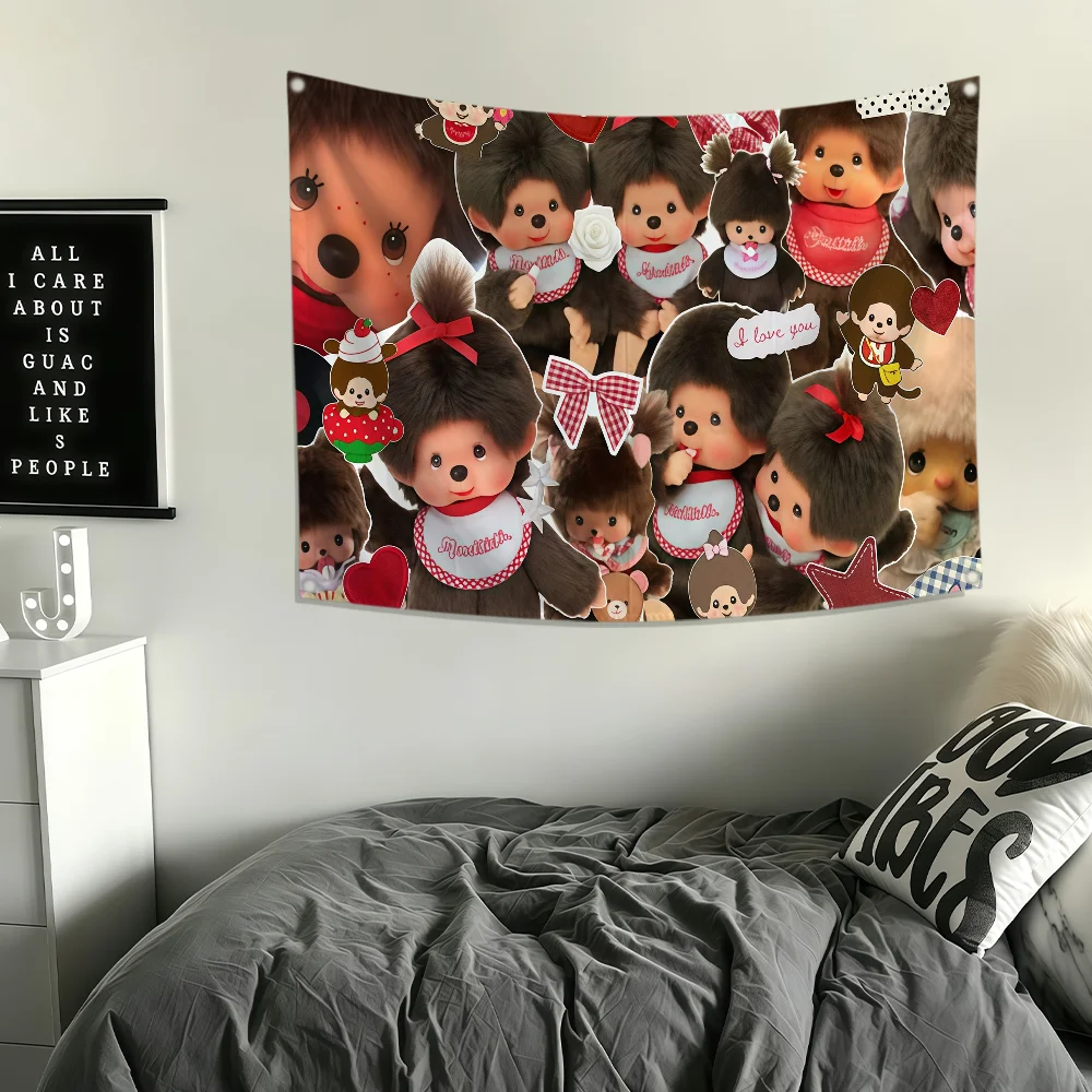Cute M-Monchhichi-M Flag Polyester Printing Banner For Bedroom Living Bar Garden Garage Wall Art Out Door Kawaii Decoration Gift