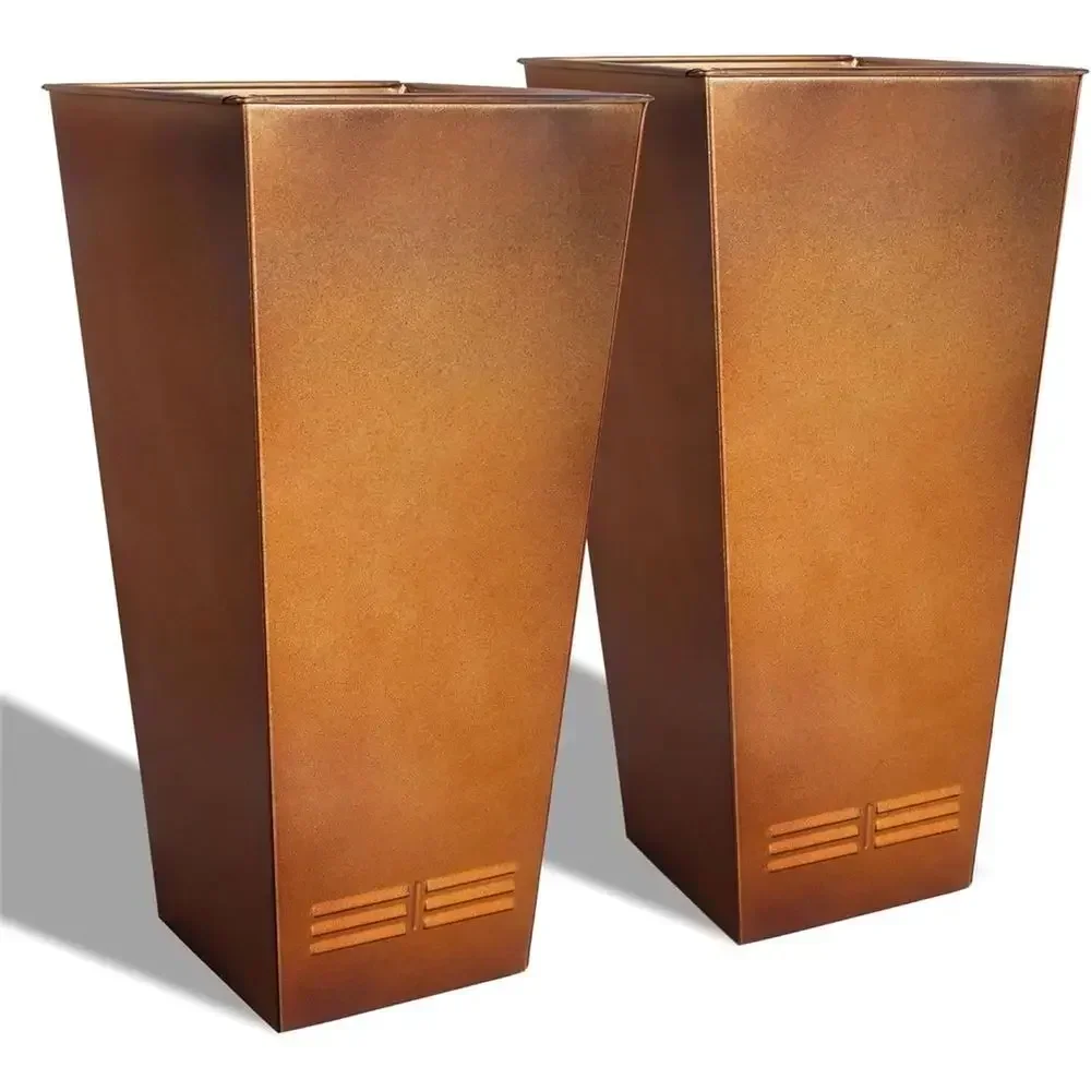 28 Tall Large Tapered Steel Planter with Drain Holes and Air Vents, Suitable for Indoor and Outdoor Use, Bronze