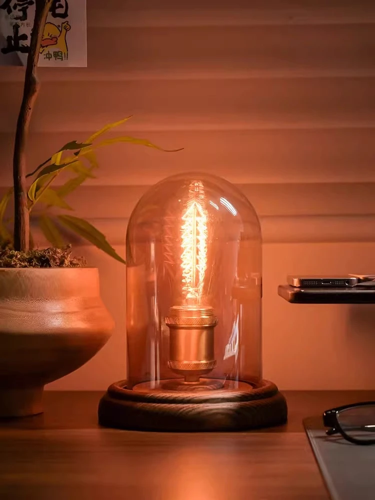 medium antique nostalgic Edison light bulb all copper solid wood glass atmosphere decorative bedside table lamp