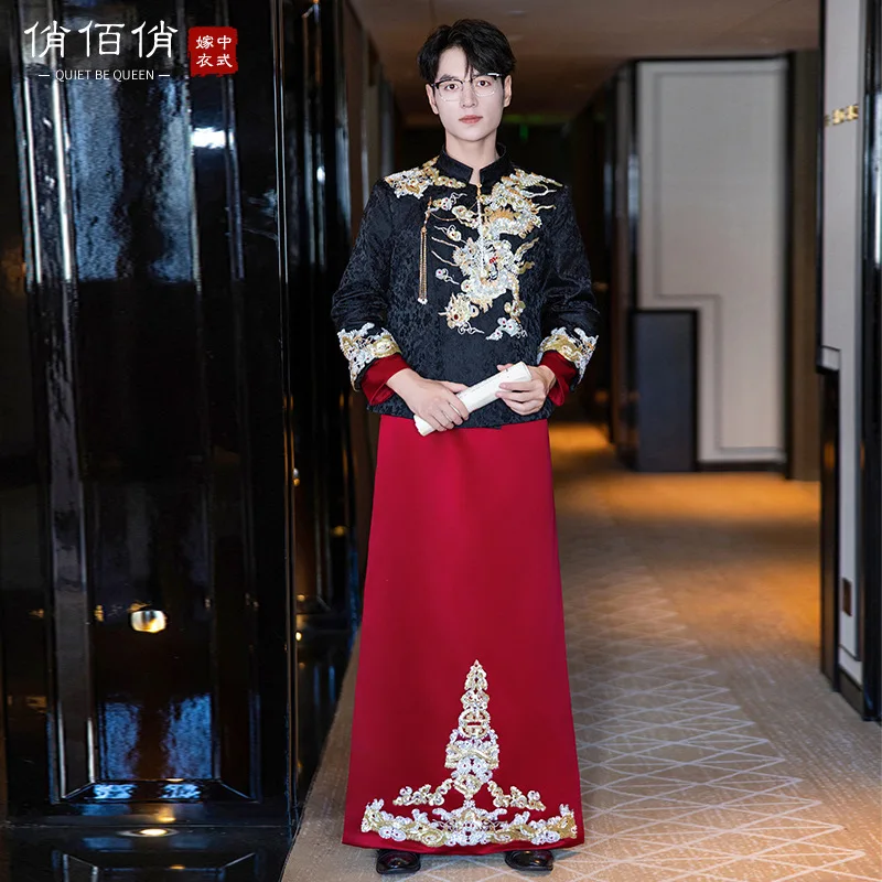 

Винтажное свободное платье Cheongsam для жениха, традиционное китайское свадебное платье с вышивкой дракона Тан, одежда для жениха, костюм Тан Hanfu