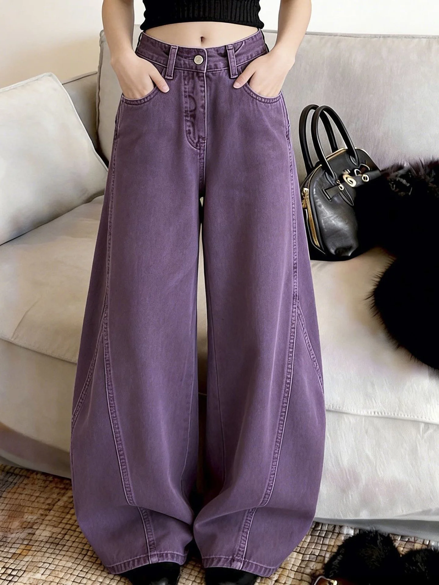 American Style Loose Fit Purple Denim Jeans Women's Fall 2026 New Straight Leg Knife  Pants Slimming Trendy Streetwear