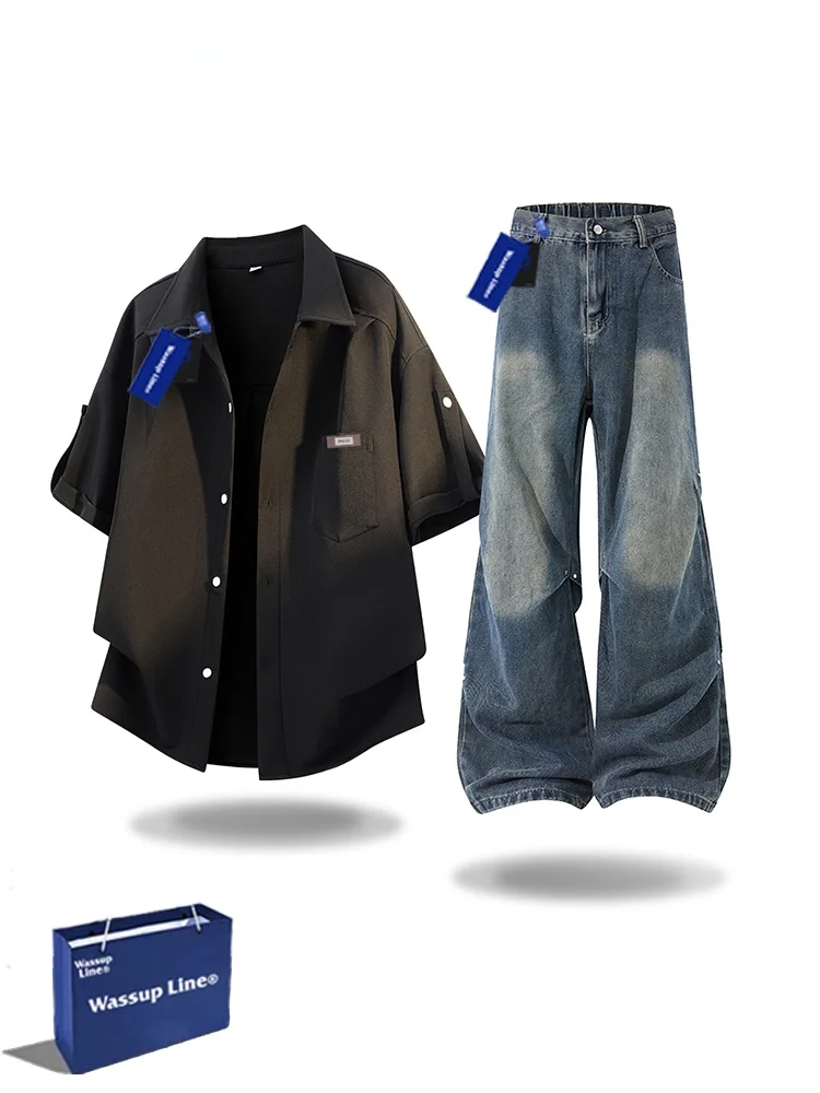 wassup-line-fashionable-short-sleeve-shirt-and-jeans-set-for-men-sporty-casual-wear-polyester-fiber-summer-collection