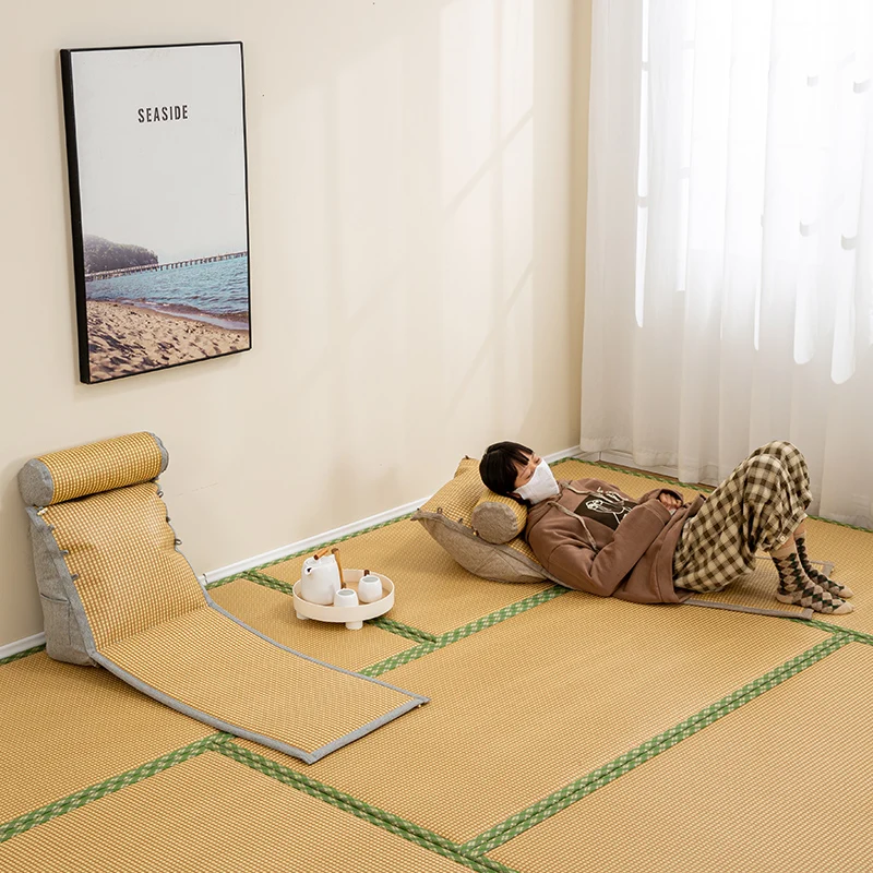 Ergonomic Lumbar Support Pillow for Tatami Bed Backrest Cushion with Rattan Mat, All-Season Floor Sofa Pillow for Home Bedroom