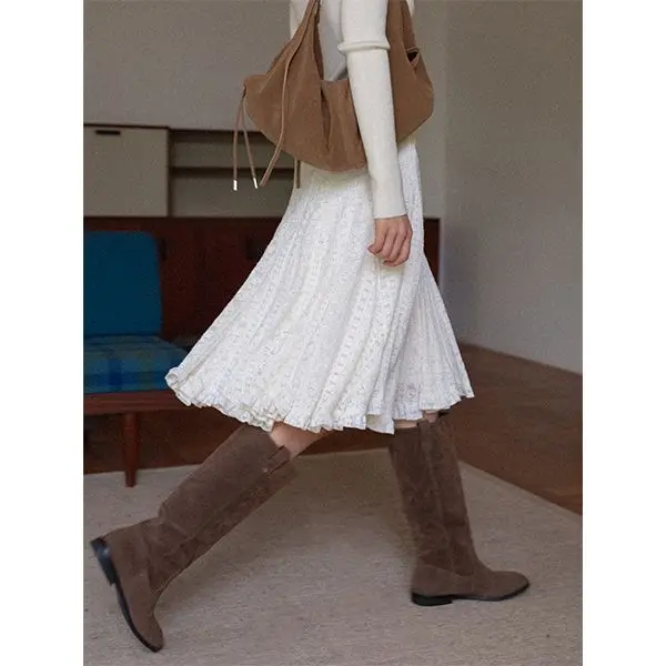 French Ruffle Leaf Edge Rice Apricot Skirt Women's 2026 Spring New Fashion Medium and Long Dress
