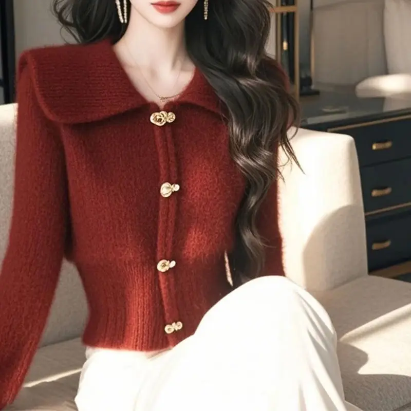 Women Autumn Winter Korean Simplicity Button Red Turn-down Collar Knitting Women Clothes All-match Loose Cardigan Long Sleevetop