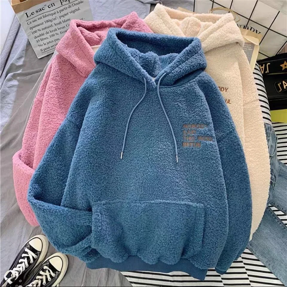 

Winter Warm And Thick Fashion Letter Embroidery Harajuku Women's Hoodie High Quality Flannel Loose Pocket Top Pullover Hoodies