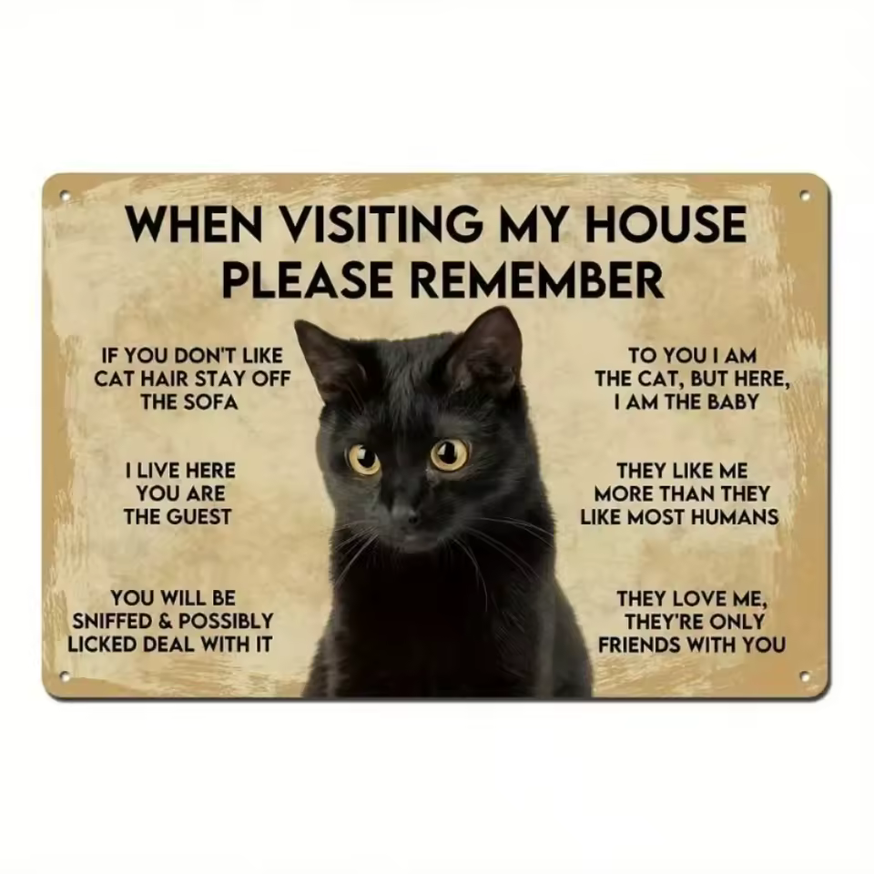 Funny Black Cat Metal Sign "Remember My House Rules" Halloween Wall Decor for Cat Lovers