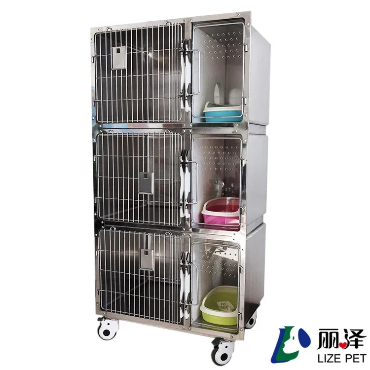 Stainless Steel 304 Veterinary Cat Carrier With Litter Box And Wheels Removable Three-layer Stainless Steel Cat Cages