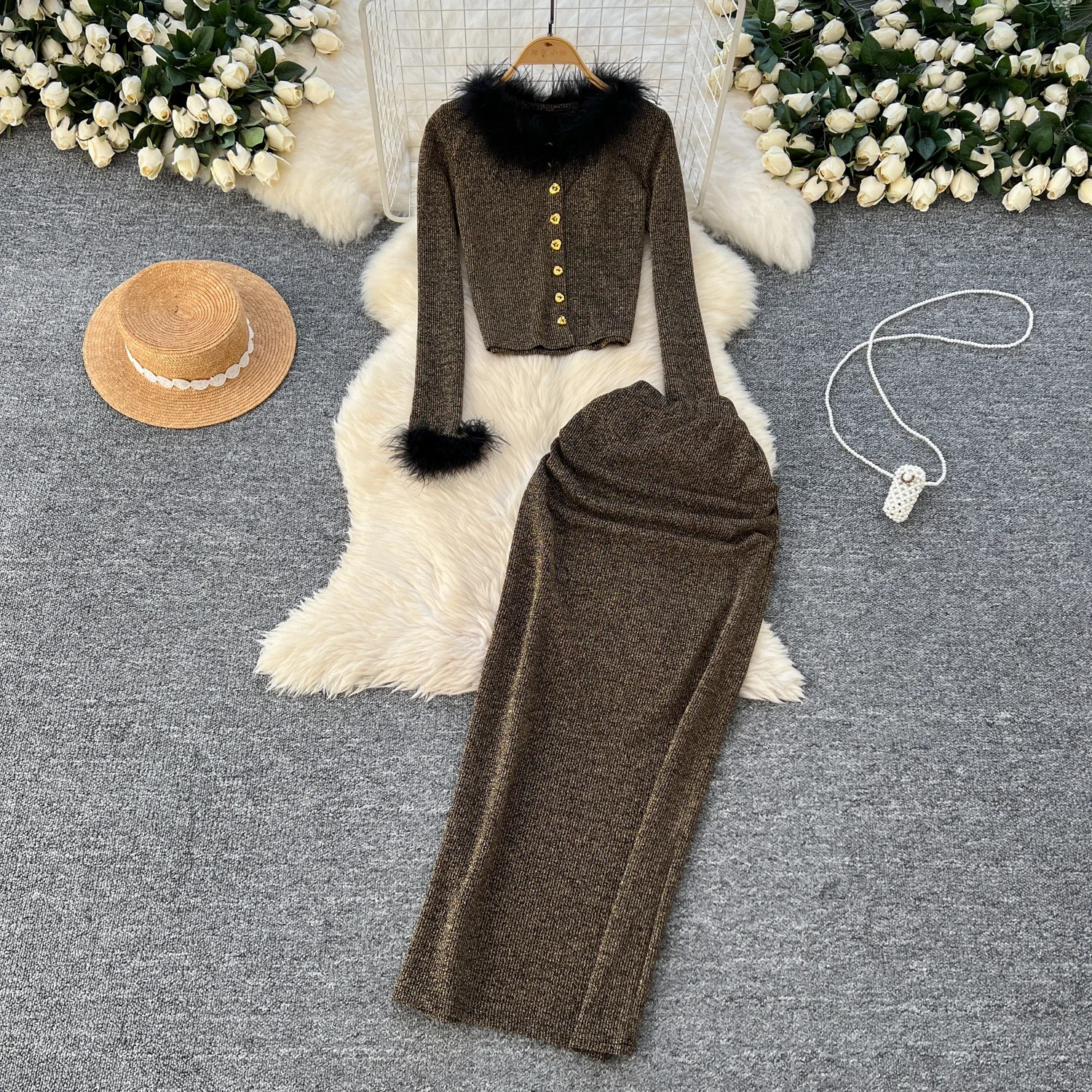 Chic Women Two-Piece Sets Vintage Faux Collar Single Breasted Top and High Waist Skirt Korean High Street Autumn Winter Clothing