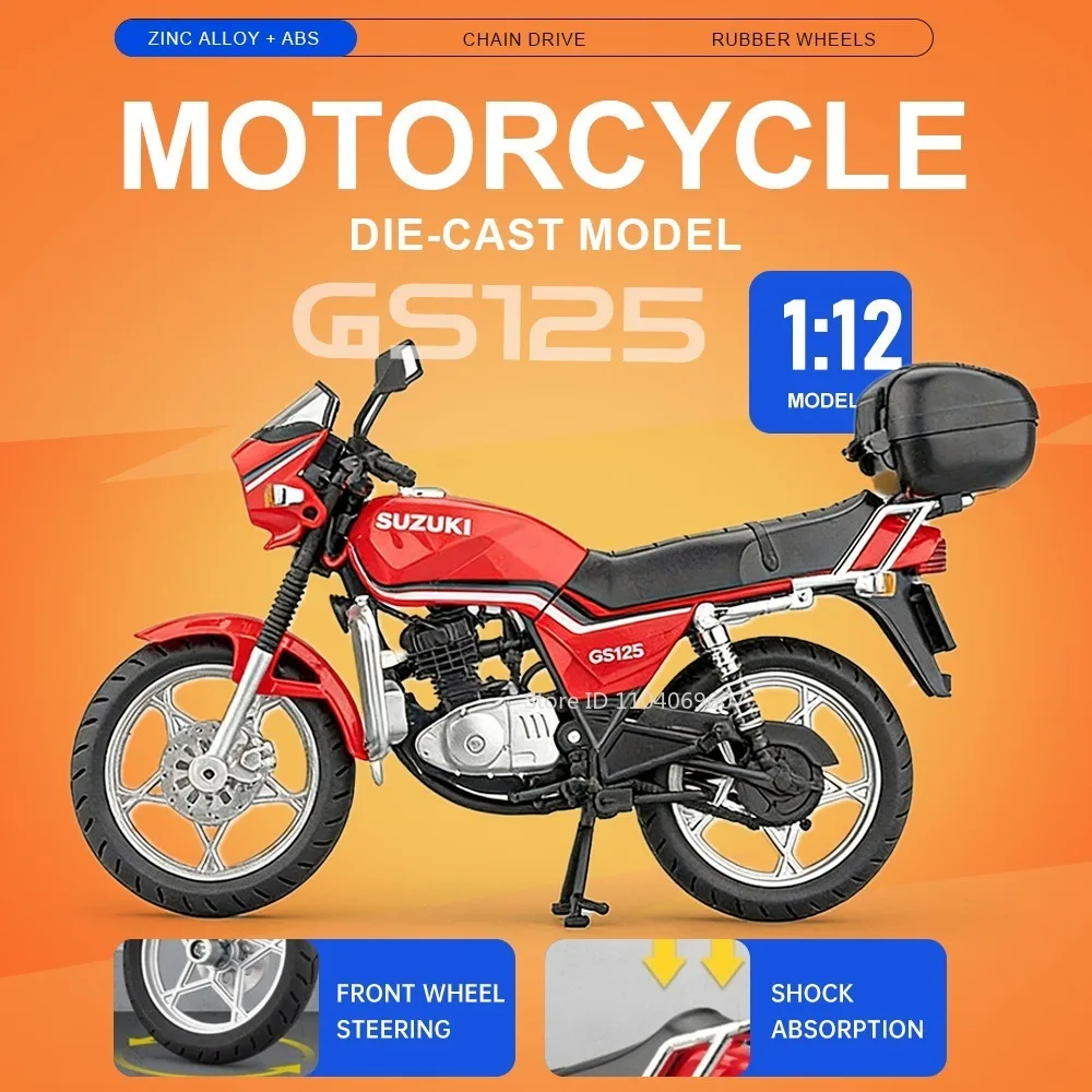 

1:12 Suzuki GS125 GSX1000R Model Toy Motorbikes Metal Diecast Front Wheel Steering Shock Absorption Motorcycle Toys for Kids