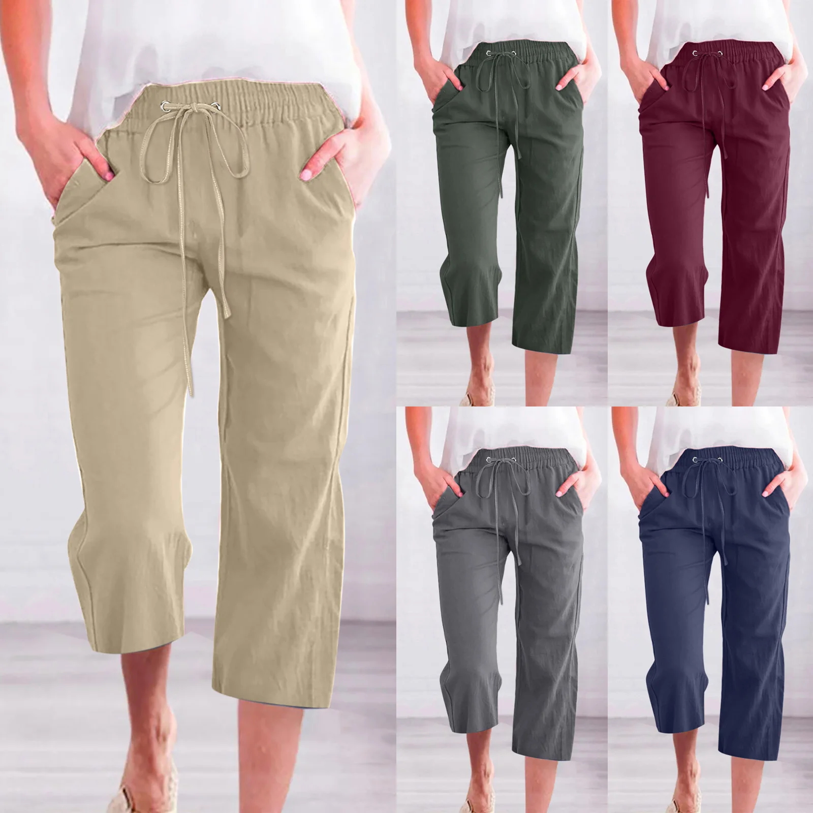 

Women High Waisted Wide Leg Pants Drawstring Elastic Trousers Comfy Straight Leg Long Pants With Pockets