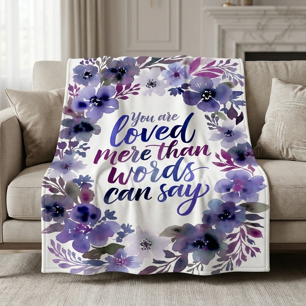 

Purple Watercolor Floral Wreath Flannel Throw Blanket, "You Are Loved More Than Words" Inspirational Love Gift Blanket