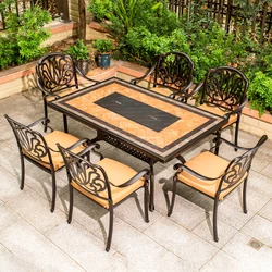 Waterproof Outdoor dining table with BBQ garden Restaurant Cast Aluminum ceramic tile table Patio Furniture Set With Baking tray