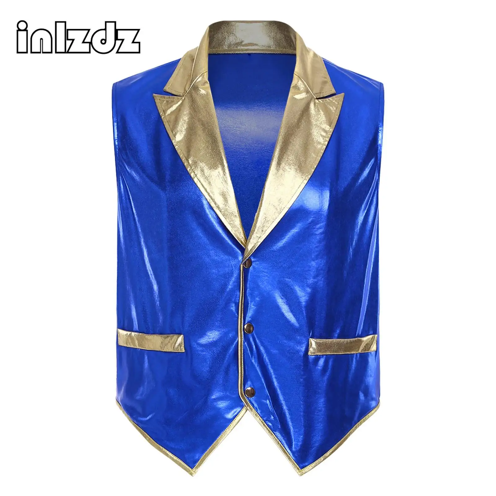 

Mens Metallic Shiny Waistcoat Arab Prince Cosplay Cocktails Costume Lapel Button-down Iridescent Pointed Hem Vest Tank Top Club