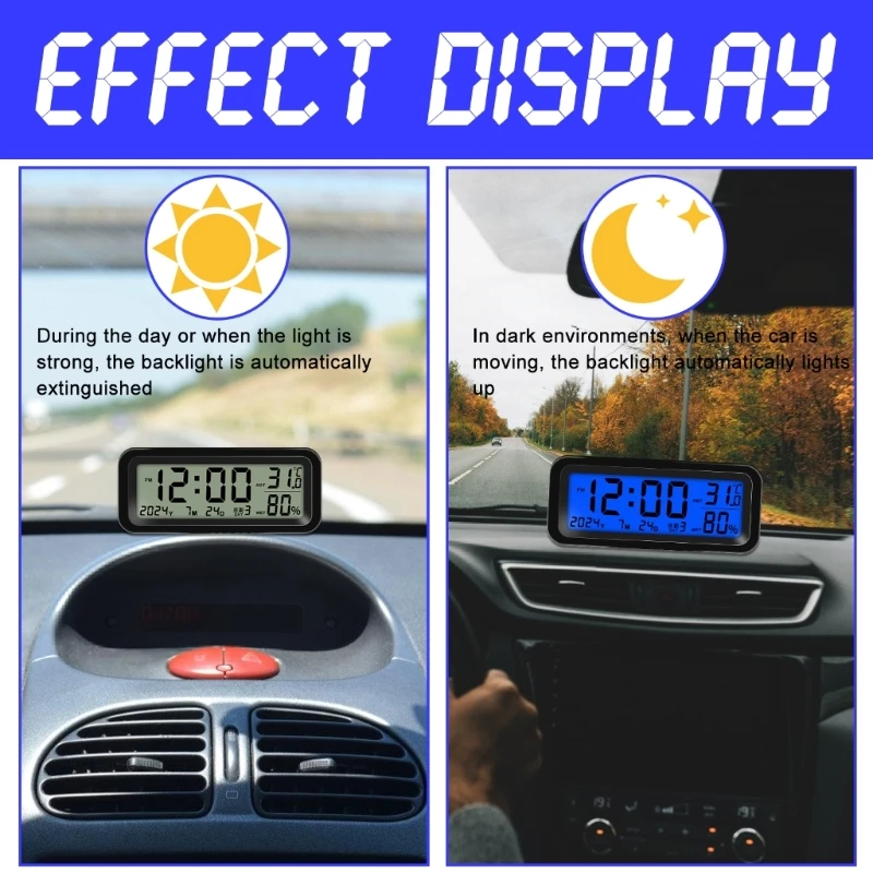 Digital Car Clock Solar/USB Powered with Date Week Temperature Humidity LCD Backlit Display Dashboard Automobile Stick-On Clock