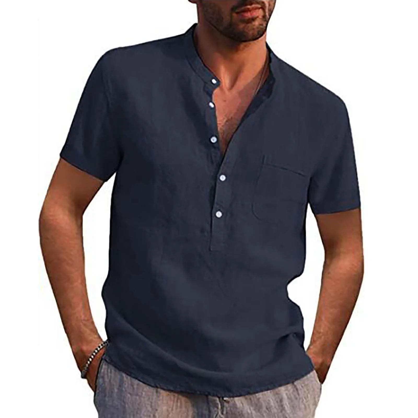 Camisas de lino y algodón para hombre, camisas informales de manga corta sólidas, cuello levantado suelto, medio botón con bolsillos en el pecho, Verano