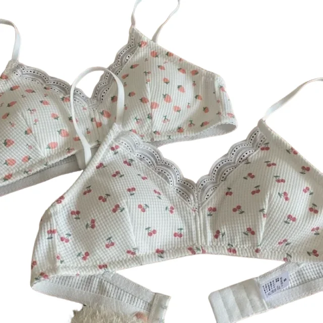 KUCLUT Simple Lace Cherry Print Seamless Girl's Bra Cute Gathered Thin Breathable Bra Wire Free Elastic Comfortable Bra Lingerie