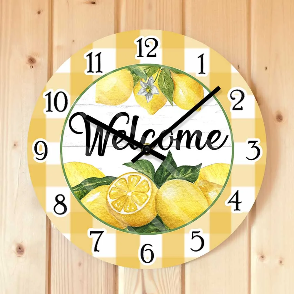 Lemons And Yellow Check Design Printed Wall Clock For Kitchen Dinning Room Summer Home Decor Fruit Artwork Silent Quartz Clock