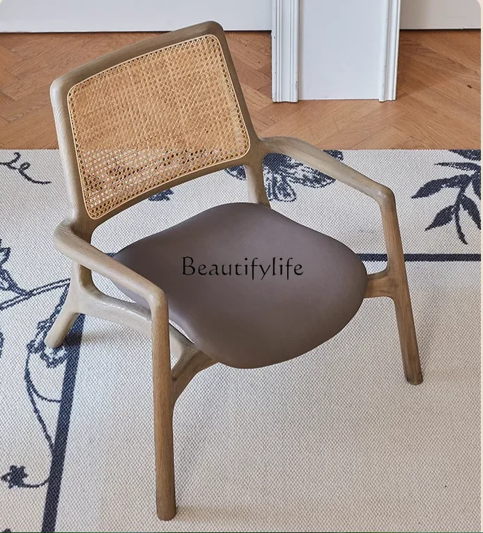 

Whole house furniture French Retro Ash Wood Chair Living Room Misty Style Genuine Leather Solid Wood Rattan Designer Creative