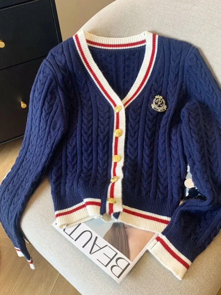 Autumn Winter Women Preppy Style Cardigan Sweater Old Money V-Neck Knitwear Embroidery French Vintage 2000s Aesthetic Thick Cute