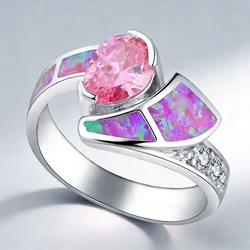 White K Plated Colorful Zircon & Pink Fire Opal Fashion Jewelry for Women Cocktail Ring  Luxury Anniversary Gift for Girlfried