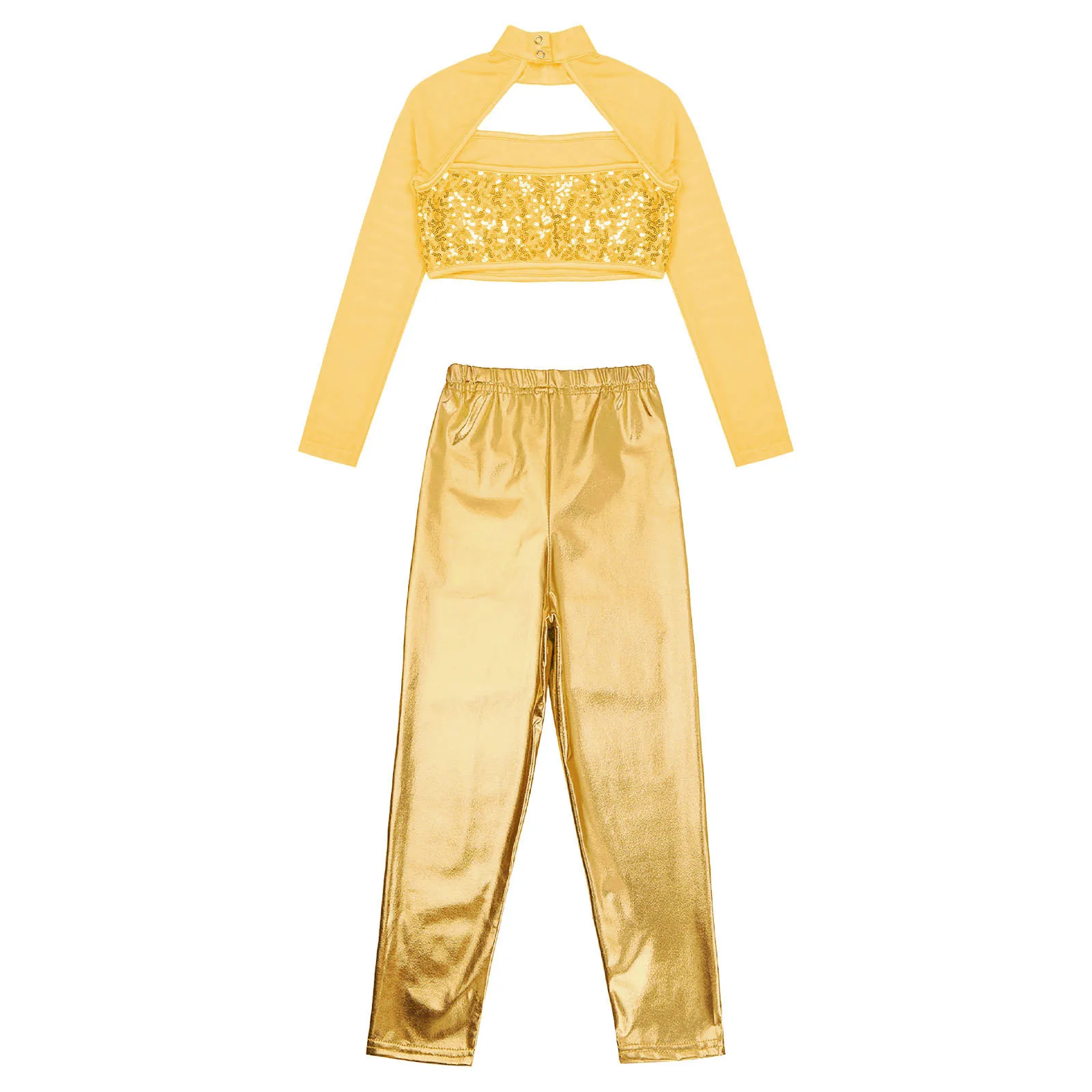 Kids Meisjes Jazz Hip Hop Dans Kostuum Shiny Sequin Lange Mouwen Hollow Out Crop Top + Metallic Leggings Broek Voor danswedstrijd